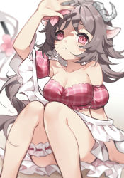 Rule 34 | 1girl, absurdres, animal ears, arknights, bandeau, bare arms, bare shoulders, bikini, breasts, brown hair, cleavage, detached sleeves, eyjafjalla (arknights), eyjafjalla (summer flower) (arknights), feet out of frame, hand up, highres, horns, knees together feet apart, knees up, large breasts, bridal garter, long hair, official alternate costume, pink eyes, puffy short sleeves, puffy sleeves, shao (shaorouhong), sheep ears, sheep horns, short sleeves, solo, strapless, strapless bikini, swimsuit, thighs