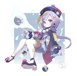 Rule 34 | 1girl, absurdres, bandaged leg, bandages, black footwear, blue dress, braid, closed mouth, commentary request, cropped jacket, dress, full body, genshin impact, hair ornament, hat, highres, idaten93, jacket, knees together feet apart, long hair, long sleeves, looking at viewer, ofuda, purple eyes, purple hair, purple hat, purple jacket, qingdai guanmao, qiqi (genshin impact), shoe soles, short shorts, shorts, shorts under dress, single braid, sleeves past wrists, solo, thighhighs, very long hair, white shorts, white thighhighs, wide sleeves, yin yang