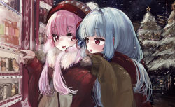 Rule 34 | 2girls, :d, beanie, black sky, blue hair, blush, bottle, breath, building, can, christmas, christmas tree, eyes visible through hair, fur collar, hair intakes, hand on another&#039;s shoulder, hat, highres, holding hands, index finger raised, kotonoha akane, kotonoha aoi, light blue hair, long sleeves, looking at another, low twintails, microa, multiple girls, night, open mouth, outdoors, pink eyes, pink hair, pointing, pom pom (clothes), pom pom beanie, siblings, sisters, sky, sleeves past wrists, smile, snow, snowing, star (symbol), tree, twintails, vending machine, voiceroid, winter, winter clothes