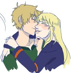 Rule 34 | 2boys, arms around neck, blonde hair, blush, canute, eyebrows, eyelashes, closed eyes, face-to-face, hand on another&#039;s chin, hand on another&#039;s face, hug, long hair, male focus, multiple boys, parted lips, prince, short hair, simple background, smile, starj4y, teeth, thorfinn, viking, vinland saga, white background, yaoi