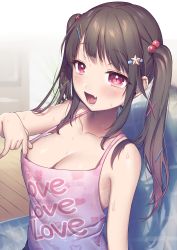 Rule 34 | 1girl, :d, armchair, artist name, bare arms, bare shoulders, blush, breasts, chair, cleavage, clothes writing, collarbone, fang, hair bobbles, hair ornament, hairclip, heart, heart print, highres, indoors, kirisaki shuusei, large breasts, long hair, looking at viewer, open mouth, original, purple eyes, sidelocks, signature, sleeveless, smile, star (symbol), star hair ornament, strap gap, sweat, tank top, teasing, twintails, upper body, x hair ornament