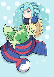 Rule 34 | 1boy, ?, blue mittens, closed eyes, closed mouth, commentary request, creatures (company), game freak, green eyes, green hair, grusha (pokemon), highres, jacket, male focus, medium hair, mittens, nintendo, notice lines, pokemon, pokemon (creature), pokemon sv, scarf, shirt, sprigatito, striped clothes, striped scarf, sutokame, yellow jacket