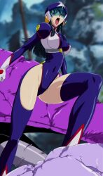Rule 34 | 00s, 1girl, :o, absurdres, ass, black hair, blue leotard, blue thighhighs, blurry, breasts, clenched hands, covered navel, curvy, damaged, depth of field, fujimura shizuru, garter straps, gloves, groin, helmet, highleg, highleg leotard, highres, hip focus, kimura takahiro, large breasts, legs apart, leotard, long hair, looking at another, mecha, open mouth, outdoors, robot, ruins, sad, screencap, shinkon gattai godannar!!, shouting, sidelocks, solo, standing, stitched, thighhighs, thighs, third-party edit, wide hips