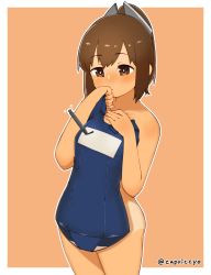 Rule 34 | 1girl, blush, brown eyes, brown hair, capriccyo, clothes in front, cowboy shot, hair ornament, hairclip, highres, i-401 (kancolle), kantai collection, name tag, nude, one-piece swimsuit, one-piece tan, orange background, ponytail, school swimsuit, short hair, short ponytail, simple background, solo, swimsuit, tan, tanline, twitter username