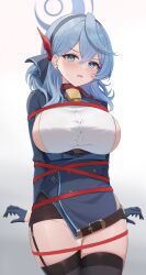 Rule 34 | 1girl, absurdres, ako (blue archive), animal collar, bell, black hairband, black skirt, black thighhighs, blue archive, blue coat, blue eyes, blue gloves, blue hair, blue halo, blush, boneseing, bound, bound arms, breasts, coat, collar, commentary, cowbell, cowboy shot, cowlick, ear piercing, framed breasts, garter straps, gloves, gradient background, grey background, hair between eyes, hair ribbon, hairband, half gloves, halo, highres, large breasts, leash, light blue hair, looking at viewer, medium hair, microskirt, neck bell, parted lips, pencil skirt, piercing, red collar, red ribbon, restrained, ribbon, shirt, sideboob, sideless shirt, simple background, skirt, solo, standing, sweatdrop, thigh gap, thighhighs, thighs, tied up (nonsexual), white shirt, zettai ryouiki
