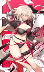 Rule 34 | 1girl, ahoge, bikini, black bikini, black gloves, black jacket, blush, breasts, choker, cleavage, cropped jacket, drawing, fate/grand order, fate (series), gloves, grin, hair between eyes, highres, hip focus, holding, holding paper, ink, jacket, jeanne d&#039;arc alter (swimsuit berserker) (fate), jeanne d&#039;arc (fate), jeanne d&#039;arc alter (fate), jeanne d&#039;arc alter (swimsuit berserker) (fate), katana, large breasts, long hair, looking at viewer, manga (object), navel, no-kan, o-ring, paper, quill, shrug (clothing), single thighhigh, slit pupils, smile, solo, sweat, swimsuit, sword, thighhighs, thighs, very long hair, weapon, yellow eyes