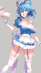 Rule 34 | 1girl, adapted costume, alternate costume, amano hagoromo, apron, arm up, blue dress, blue eyes, blue hair, breasts, cleavage, commentary request, dress, enmaided, eyelashes, feet out of frame, frills, from below, garter straps, grey background, hair between eyes, hair ornament, hair rings, hair stick, highres, holding, holding tray, kaku seiga, large breasts, legs apart, light blush, maid, open mouth, puffy short sleeves, puffy sleeves, short dress, short hair, short sleeves, simple background, solo, standing, teeth, thighhighs, tongue, touhou, tray, waist apron, white apron, white thighhighs, wrist cuffs
