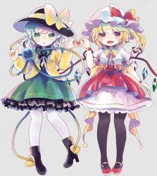 Rule 34 | 2girls, ascot, bat wings, black footwear, black hat, black thighhighs, blonde hair, blouse, bow, buttons, crystal, diamond button, eyeball, flandre scarlet, frilled shirt collar, frilled sleeves, frills, green hair, green skirt, hat, hat bow, hat ribbon, heart, heart of string, hiyuu (hiyualice), komeiji koishi, mob cap, multicolored wings, multiple girls, one side up, open mouth, pantyhose, puffy short sleeves, puffy sleeves, red eyes, red skirt, red vest, ribbon, shirt, short sleeves, side ponytail, skirt, skirt set, smile, thighhighs, touhou, vest, white background, white hat, white thighhighs, wide sleeves, wings, yellow ascot, yellow bow, yellow ribbon, yellow shirt