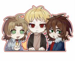 Rule 34 | 3boys, atou haruki, black jacket, blonde hair, blue jacket, brown hair, brown sweater, chinese commentary, chuanlinanjiana, closed mouth, collar, collared shirt, commentary request, deformed, frown, fur-trimmed jacket, fur trim, green eyes, hair between eyes, holding, holding leash, isoi reiji, jacket, leash, light brown hair, long sleeves, male focus, medium hair, multiple boys, open clothes, open jacket, open mouth, open shirt, parted bangs, red eyes, red shirt, ribbed sweater, saibou shinkyoku, shinano eiji, shirt, short hair, smile, spiked collar, spikes, striped clothes, striped shirt, sweater, turtleneck, turtleneck sweater, vertical-striped clothes, vertical-striped shirt, white shirt, yellow shirt