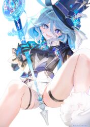 Rule 34 | 1girl, absurdres, blue eyes, blue hair, blue hat, drop-shaped pupils, furina (genshin impact), genshin impact, gloves, hat, highres, janyhero, legs, looking at viewer, open mouth, smile, solo, symbol-shaped pupils