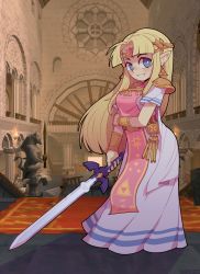 Rule 34 | 1girl, absurdres, blonde hair, blue eyes, blush, breasts, commentary, dress, earrings, full body, hair intakes, highres, holding, holding sword, holding weapon, indoors, jewelry, kemori, long hair, looking at viewer, master sword, nintendo, pink tabard, pointy ears, princess zelda, solo, standing, super smash bros., sword, tabard, the legend of zelda, the legend of zelda: a link between worlds, triforce, triforce earrings, weapon
