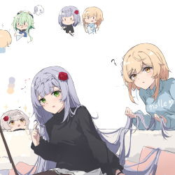 Rule 34 | 4girls, ?, absurdres, alternate hair length, alternate hairstyle, black sweater, blonde hair, blue sweater, chibi, chinese commentary, commentary request, erlenmeyer flask, flask, flower, genshin impact, green eyes, green hair, hair flower, hair ornament, highres, holding, holding flask, holding hair, long hair, long sleeves, looking at viewer, lumine (genshin impact), mother and daughter, multiple girls, multiple views, noelle (genshin impact), parted lips, playing with own hair, red flower, red rose, rose, short hair, silver hair, sitting, sucrose (genshin impact), sweater, turtleneck, turtleneck sweater, very long hair, yajuu, yellow eyes