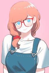 Rule 34 | 1girl, absurdres, blue eyes, blue overalls, blush, breasts, colo (nagrolaz), commentary, denim, english commentary, freckles, hair ornament, hair scrunchie, highres, large breasts, light smile, looking at viewer, overalls, red-framed eyewear, red hair, rita (sweethex), scrunchie, shirt, side ponytail, solo, suspenders, sweethex, white shirt