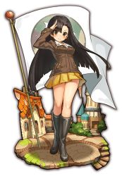 Rule 34 | 10s, 1girl, asymmetrical bangs, black footwear, boots, brown eyes, brown hair, brown jacket, building, chi-hatan (emblem), chi-hatan military uniform, closed mouth, collaboration, commentary request, day, emblem, faux figurine, flag, full body, girls und panzer, jacket, knee boots, last period, long hair, long sleeves, looking at viewer, military, military uniform, miniskirt, nishi kinuyo, official art, outdoors, pleated skirt, salute, shirt, skirt, smile, solo, standing, transparent background, uniform, white flag, white shirt, yellow skirt