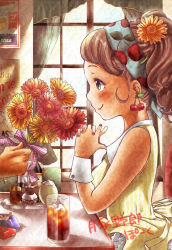 Rule 34 | 1boy, 1girl, artist name, ashtray, bad id, bad pixiv id, blush, bouquet, brown eyes, brown hair, cafe, cherry earrings, cherry print, cigarette pack, cup, curtains, daisy, dress, drinking glass, earrings, elbow rest, faux traditional media, flower, food-themed earrings, food print, food themed earrings, freckles, hair flower, hair ornament, headband, highres, ice, ice cube, indoors, interlocked fingers, jewelry, lips, nail polish, original, out of frame, own hands clasped, own hands together, petticoat, plaid, plaid ribbon, ponytail, pork butayaro, profile, red nails, ribbon, short hair, sitting, sleeveless, sleeveless dress, smile, striped clothes, striped dress, table, window, wrist cuffs