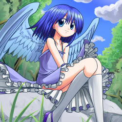 Rule 34 | 1girl, blue dress, blue eyes, blue hair, blue sky, blue wings, cloud, collarbone, dress, feathered wings, frilled dress, frills, grass, highres, looking at viewer, medium hair, nature, original, outdoors, rock, sitting, sky, smile, solo, sws, thighhighs, tree, white thighhighs, wings