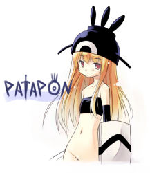 Rule 34 | 1girl, bare shoulders, blonde hair, blush, bottomless, copyright name, cosplay, flat chest, groin, hat, long hair, looking at viewer, navel, patapon, poco (asahi age), shield, simple background, solo, stomach, sword, tatepon, upper body, weapon, white background