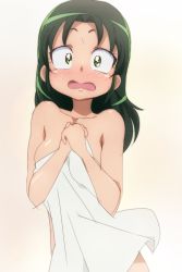 Rule 34 | 10s, 1girl, blush, breasts, constricted pupils, covering privates, embarrassed, gradient background, green eyes, green hair, hair down, long hair, looking at viewer, matching hair/eyes, midorikawa nao, naked towel, nude, nude cover, oimanji, open mouth, precure, small breasts, smile precure!, solo, towel, white towel, wide-eyed
