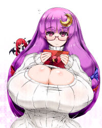 Rule 34 | 2girls, bespectacled, breasts, cleavage, flying sweatdrops, gigantic breasts, glasses, hair ornament, hairclip, head wings, highres, koakuma, looking at viewer, meme attire, multiple girls, open-chest sweater, patchouli knowledge, pointy ears, purple eyes, purple hair, ribbed sweater, sentarou, sweater, touhou, turtleneck, valentine, wide hips, wings