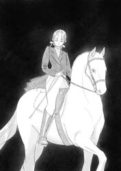 Rule 34 | 1girl, bridle, closed mouth, commentary, english commentary, greyscale, hair ribbon, heterochromia, holding, holding reins, holding riding crop, horizontal pupils, horseback riding, jacket, light smile, long hair, long sleeves, looking at viewer, monochrome, original, pants, pointy ears, reins, renemesia, ribbon, riding, saddle, see-through, signature, updo