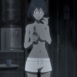 Rule 34 | 1girl, alcohol, beer, black hair, breasts, brown eyes, brown hair, censored, cigarette, convenient censoring, cup, dark-skinned female, dark skin, female focus, highres, medium breasts, michiko malandro, michiko to hacchin, navel, no bra, parted lips, screencap, short hair, shorts, smoking, solo, stitched, third-party edit, topless