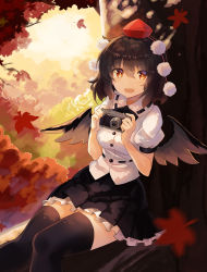 Rule 34 | 1girl, autumn, autumn leaves, black hair, black ribbon, black skirt, black thighhighs, black wings, breasts, camera, commentary request, falken (yutozin), feathered wings, feet out of frame, forest, frills, hair between eyes, hat, highres, holding, holding camera, looking at viewer, medium breasts, miniskirt, nature, neck ribbon, open mouth, outdoors, petticoat, pom pom (clothes), puffy short sleeves, puffy sleeves, red eyes, ribbon, shameimaru aya, shirt, short hair, short sleeves, sitting, skirt, smile, solo, sun, tassel, thighhighs, thighs, tokin hat, touhou, white shirt, wings, zettai ryouiki