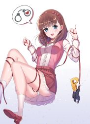 Rule 34 | 1girl, :d, blue eyes, blush, bow, breasts, brown hair, gradient background, hair bow, hairband, heart, high heels, highres, idolmaster, idolmaster cinderella girls, long hair, long sleeves, looking at viewer, medium breasts, miniskirt, open mouth, panties, red bow, red hairband, red ribbon, red skirt, ribbon, sakuma mayu, shoe soles, shoes, skirt, smile, solo, speech bubble, sutoroa, underwear, white background, white panties, white sleeves