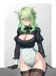 Rule 34 | 1girl, 2b (nier:automata), 2b (nier:automata) (cosplay), absurdres, antlers, azurecruiser, black gloves, breasts, ceres fauna, cleavage, cleavage cutout, closed mouth, clothing cutout, cosplay, covered navel, gloves, green hair, groin, hair over one eye, highleg, highleg leotard, highres, hololive, hololive english, horns, juliet sleeves, large breasts, leotard, long hair, long sleeves, mole, mole under eye, puffy sleeves, smile, solo, thighhighs, thighs, virtual youtuber, yellow eyes