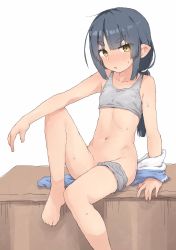 Rule 34 | 1girl, akari (raigou), arm support, bare arms, bare shoulders, barefoot, black hair, blush, borrowed character, bra, breasts, brown hair, collarbone, feet out of frame, grey bra, grey panties, groin, highres, knee up, long hair, looking at viewer, low ponytail, navel, nose blush, original, panties, panties around leg, parted lips, ponytail, short eyebrows, sidelocks, simple background, sitting, small breasts, solo, sweat, thick eyebrows, underwear, white background, yakihebi