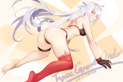 Rule 34 | 1girl, ahoge, all fours, ass, bikini, black bikini, breasts, commentary request, copyright name, danta, fate/grand order, fate (series), floating hair, frown, gloves, hair between eyes, jeanne d&#039;arc alter (swimsuit berserker) (fate), jeanne d&#039;arc (fate), jeanne d&#039;arc alter (fate), jeanne d&#039;arc alter (swimsuit berserker) (fate), large breasts, long hair, looking at viewer, multicolored background, o-ring, parted lips, red thighhighs, signature, single thighhigh, solo, swimsuit, thigh strap, thighhighs, title, yellow eyes
