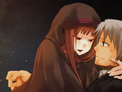 Rule 34 | 1boy, 1girl, ayakura juu, brown hair, craft lawrence, eye contact, highres, holo, long hair, looking at another, night, outdoors, red eyes, short hair, silver hair, spice and wolf