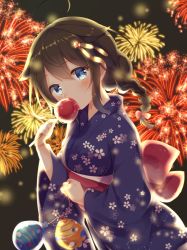 Rule 34 | 10s, 1girl, aerial fireworks, ahoge, alternate costume, backlighting, black hair, blue eyes, blush, bow, braid, brown hair, candy apple, covered mouth, cowboy shot, eating, emilion, eyebrows, festival, fireworks, floral print, food, hair bow, hair flaps, hair ornament, head tilt, holding, holding food, japanese clothes, jewelry, kantai collection, kimono, light particles, long hair, long sleeves, looking at viewer, night, obi, outdoors, print kimono, red bow, ring, sash, shigure (kancolle), shigure kai ni (kancolle), sidelocks, single braid, solo, summer festival, water yoyo, wedding band, wide sleeves, yukata
