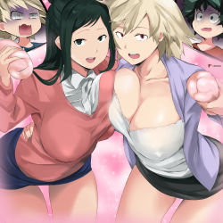 Rule 34 | 2boys, 2girls, :d, artificial vagina, asymmetrical docking, bad id, bad pixiv id, bakugou katsuki, bakugou mitsuki, black skirt, blonde hair, blue skirt, boku no hero academia, breast press, breasts, cafekun, cleavage, collarbone, covered erect nipples, freckles, green eyes, green hair, hand on another&#039;s hip, highres, impossible clothes, large breasts, long hair, long sleeves, looking at viewer, mature female, midoriya inko, midoriya izuku, mother and son, multiple boys, multiple girls, open mouth, patreon logo, pink background, red eyes, sex toy, short hair, skirt, smile, sparkle, sweatdrop, sweater