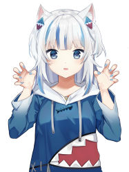 Rule 34 | 1girl, animal ears, blue eyes, blue hair, blue hoodie, blue nails, breasts, cat ears, claw pose, commentary, dedeko, drawstring, gawr gura, gawr gura (1st costume), hair ornament, hands up, highres, hololive, hololive english, hood, hood down, hoodie, long hair, looking at viewer, multicolored hair, nail polish, parted lips, silver hair, simple background, small breasts, smile, solo, streaked hair, two side up, upper body, virtual youtuber, white background