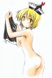 Rule 34 | 1girl, :&lt;, ass, ayaaiserio, ballpoint pen (medium), blonde hair, breasts, brown eyes, colored pencil (medium), crescent, crescent moon, female focus, hat, holding clothes, holding skirt, lunasa prismriver, marker (medium), moon, nude, short hair, skirt, unworn skirt, small breasts, solo, touhou, traditional media, yellow eyes
