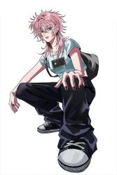 Rule 34 | 1girl, ba y0, bag, blue eyes, collarbone, full body, hair between eyes, highres, hunter x hunter, jewelry, long hair, looking at viewer, machi komacine, nail polish, necklace, pink hair, red nails, shirt, shoes, short sleeves, shoulder bag, simple background, sneakers, solo, squatting, white background, white shirt