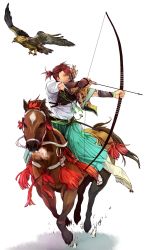 Rule 34 | 10s, 1boy, armor, arrow (projectile), bad id, bad pixiv id, bird, bow (weapon), brown eyes, brown hair, drawing bow, facial hair, falcon, hakama, hakama pants, highres, holding, holding bow (weapon), holding weapon, horse, japanese clothes, kaburagi t. kotetsu, male focus, mori-003, mounted archery, pants, ponytail, quiver, samurai, sandals, solo, stirrups (riding), stubble, tabi, tiger &amp; bunny, weapon, yumi