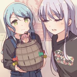 Rule 34 | 2girls, :3, ahoge, aiba aina, animal ear headphones, animal ears, aqua hair, ayasaka, bang dream!, barrel, black shirt, cat ear headphones, character doll, clothes writing, commentary, fake animal ears, green eyes, grey hair, half-closed eyes, headphones, hikawa sayo, holding, kudou haruka (voice actor), long hair, long sleeves, minato yukina, multiple girls, open mouth, overalls, photo-referenced, pop-up pirate, red hair, shirt, symbol-only commentary, upper body, v-shaped eyebrows, vans, voice actor connection