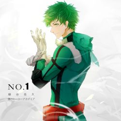 Rule 34 | 1boy, belt, belt pouch, bodysuit, boku no hero academia, closed mouth, ecrsin, elbow pads, freckles, from side, gloves, gorget, green bodysuit, green eyes, green hair, green theme, grey background, hand up, hood, hood down, hooded bodysuit, light smile, looking away, male focus, midoriya izuku, pouch, profile, putting on gloves, shards, short hair, solo, sunlight, upper body, white gloves, wind