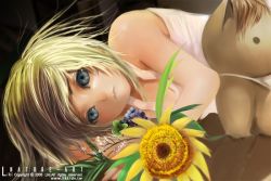 Rule 34 | blonde hair, blue eyes, flower, liki, lying, short hair, solo, stuffed animal, stuffed toy, sunflower