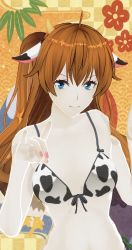 Rule 34 | 1girl, 3d, animal ears, animal print, artist request, bikini, blue eyes, breasts, brown hair, chinese zodiac, cow print, fake animal ears, fake horns, highres, horns, long hair, looking at viewer, medium breasts, neon genesis evangelion, smile, solo, souryuu asuka langley, swimsuit, twintails, upper body, year of the ox