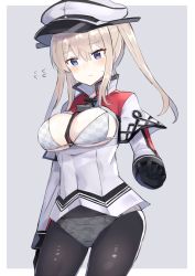 Rule 34 | 1girl, bad id, bad pixiv id, between breasts, black gloves, black pantyhose, blonde hair, border, bra, breasts, capelet, celtic knot, checkered bra, checkered clothes, checkered panties, cowboy shot, fake transparency, gloves, graf zeppelin (kancolle), grey background, grey eyes, hair between eyes, hat, highres, kantai collection, large breasts, meme, military, military hat, military uniform, necktie, necktie between breasts, no pants, nonon (xenonbot), open mouth, panties, pantyhose, peaked cap, sidelocks, solo, standing, twintails, two-tone background, underwear, uniform, white border