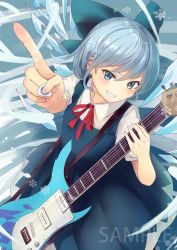 Rule 34 | 1girl, arm up, blue bow, blue dress, blue eyes, blue hair, blush, bow, cirno, commentary request, cowboy shot, culter, dress, electric guitar, grin, guitar, hair between eyes, hair bow, holding, holding instrument, ice, ice wings, index finger raised, instrument, looking at viewer, neck ribbon, pinafore dress, plectrum, puffy short sleeves, puffy sleeves, red ribbon, ribbon, sample watermark, shirt, short hair, short sleeves, sleeveless dress, smile, solo, standing, touhou, watermark, white shirt, wings