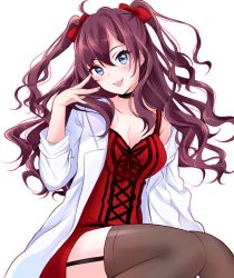 Rule 34 | 10s, 1girl, blue eyes, breasts, brown hair, garter straps, highres, ichinose shiki, idolmaster, idolmaster cinderella girls, lab coat, long hair, looking at viewer, open mouth, shiguri, smile, solo, thighhighs, twintails, two side up