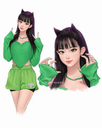 Rule 34 | 1girl, animal ears, black hair, brown eyes, claw pose, cropped legs, cropped torso, double v, fake animal ears, green nails, green skirt, haerin (newjeans), hair behind ear, highres, long hair, looking at viewer, multiple views, newjeans, real life, skirt, umigraphics, v, white background