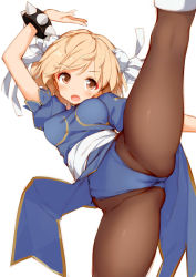Rule 34 | 1girl, blonde hair, blush, boots, bracelet, breasts, brown eyes, bun cover, cameltoe, capcom, china dress, chinese clothes, chun-li, chun-li (cosplay), cleft of venus, commentary request, cosplay, crotch, cygames, djeeta (granblue fantasy), double bun, dress, granblue fantasy, jewelry, kaisen chuui, leg up, medium breasts, open mouth, pantyhose, pelvic curtain, puffy sleeves, sash, short hair, short sleeves, simple background, solo, spiked bracelet, spikes, spread legs, street fighter, white background