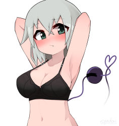 Rule 34 | 1girl, armpits, arms behind back, arms up, black bra, blush, bra, breasts, cleavage, closed mouth, collarbone, commentary, expressionless, fang, fang out, green eyes, green hair, heart, heart of string, highres, komeiji koishi, lingerie, looking at viewer, medium breasts, navel, no headwear, sideboob, simple background, solo, stomach, third eye, topadori, touhou, twitter username, underwear, underwear only, upper body, white background