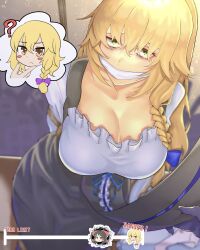 Rule 34 | 1boy, 1girl, ?, bags under eyes, black dress, black gloves, blonde hair, blue bow, blue ribbon, bound, bound arms, bow, braid, breasts, cleavage, commentary request, cookie (touhou), dress, feet out of frame, gagged, gloves, green eyes, hair between eyes, hair bow, hakurei reimu, highres, large breasts, long bangs, long hair, looking at viewer, mars (cookie), panties, pinafore dress, pink panties, pov, pov hands, purple bow, rei (cookie), restrained, ribbon, sananana (cookie), shinanaki, shirt, side braid, single braid, sleeveless dress, solo focus, touhou, underwear, white shirt