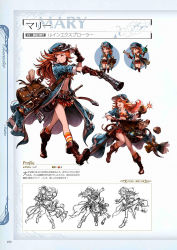 Rule 34 | 10s, 1girl, antique firearm, bag, belt, bikini, bikini top only, blunderbuss, bomb, book, boots, chibi, explosive, fingerless gloves, firearm, full body, gloves, goggles, granblue fantasy, gun, hat, highres, holding, holding weapon, jacket, knee boots, lineart, long coat, long hair, looking at viewer, mary (granblue fantasy), minaba hideo, multiple views, navel, non-web source, official art, oil lamp, open mouth, orange eyes, orange hair, pleated skirt, scan, short sleeves, simple background, skirt, smile, socks, striped clothes, striped legwear, striped socks, stuffed toy, swimsuit, weapon