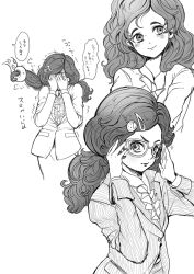 1girl 8-foot_joe adjusting_eyewear blush commentary_request disneyland ezume_(rosehip) formal_clothes glasses greyscale hair_ornament hairclip long_hair long_sleeves looking_at_viewer monochrome ms._scatter multiple_views recruiters_(disney) smile striped_suit suit translation_request